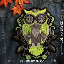 Green owl Diamond Flower Art Iron on Embroidered Large Back patch XL