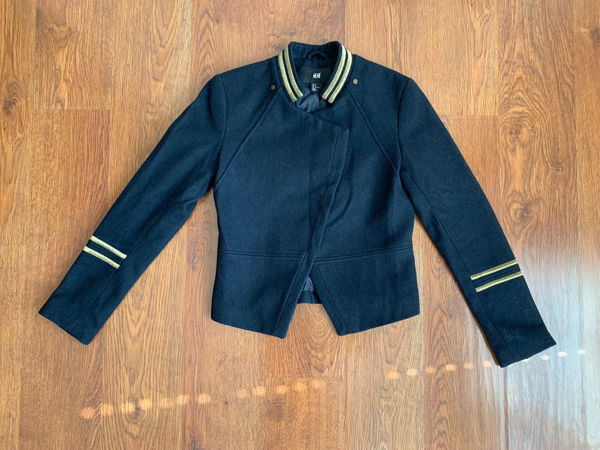 H M Military Style Jacket Navy Wool With Golden Piping Size 6 eBay