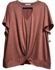 Retrology Top Plus Size 3X Berry Creme Rhinestone Keyhole Front Twist Blouse NWT