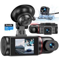 Image of Dash Cam Front and Rear Inside 3 Channel Dashcam for Cars 1080P with 64GB Card