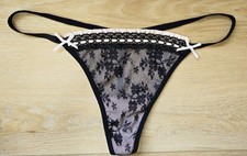 Vintage Victoria's Secret Black Pink Sheer Floral Lace V-String Panties Bows S/M