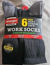 Wrangler Mens Cushion Crew Sz 6-12 Black Work Sock 6 Pack Steel Toe/ NEW