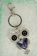 Rhinestone Owl Purse Charm with Key Ring Black Silver 2.5" Charm Gift Boxed