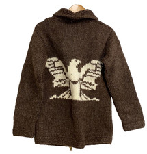 Canadian Sweater Cowichan Eagle Thunderbird Knit Wool Sweater Size 36 Brown M L