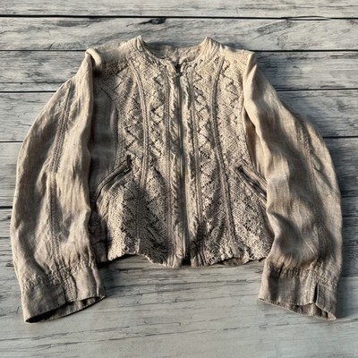 Beige Lace Jacket Boho Linen Style Zip Lightweight Vintage Romantic