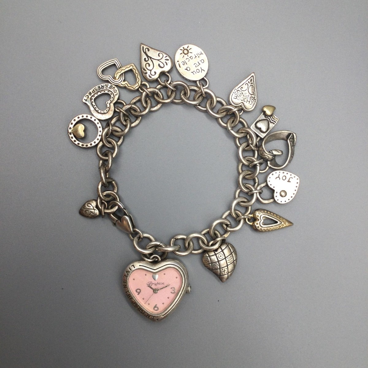 Brighton Womens Watch 28mm Pink Dial Heart Charm Bracelet New 