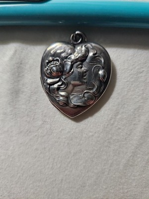  Antique Art Nouveau Sterling Silver Heart Locket, Webster Co. Repousse Lady Pro
