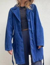 Vintage Dennis Basso Blue Leather Coat with Chain Design and Belt for Women SzXS