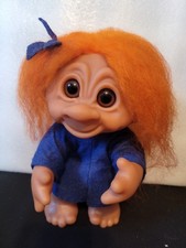 9" Thomas Dam 1977 Denmark Norfin Girl Troll Doll Orange Hair Blue Dress 604