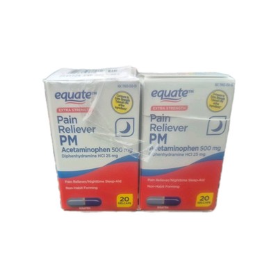 2 Equate Extra Strength Pain Reliever PM 500 mg 20 Gelcaps Exp: 11/27, 12/27 