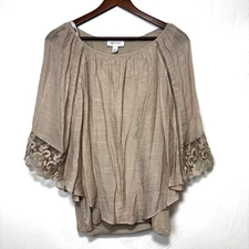 AB Studio Blouse Brown Pullover Layered Boho Neutral Casual Peasant Style Womens