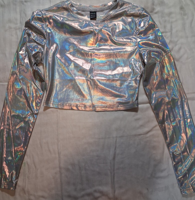 SHEIN Women’s Silver Holographic Cropped Long Sleeve Crew Neck Top Size S