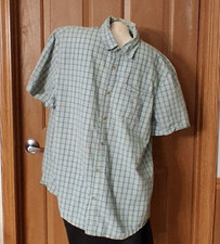 Eddie Bauer Green Plaid Shirt Crinkle Cotton Short Sleeve Men's Classic Fit XL