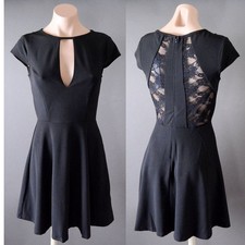 Black Evening Party Women's Casual Short Sleeve Lace Mesh Back Flare Mini Dress