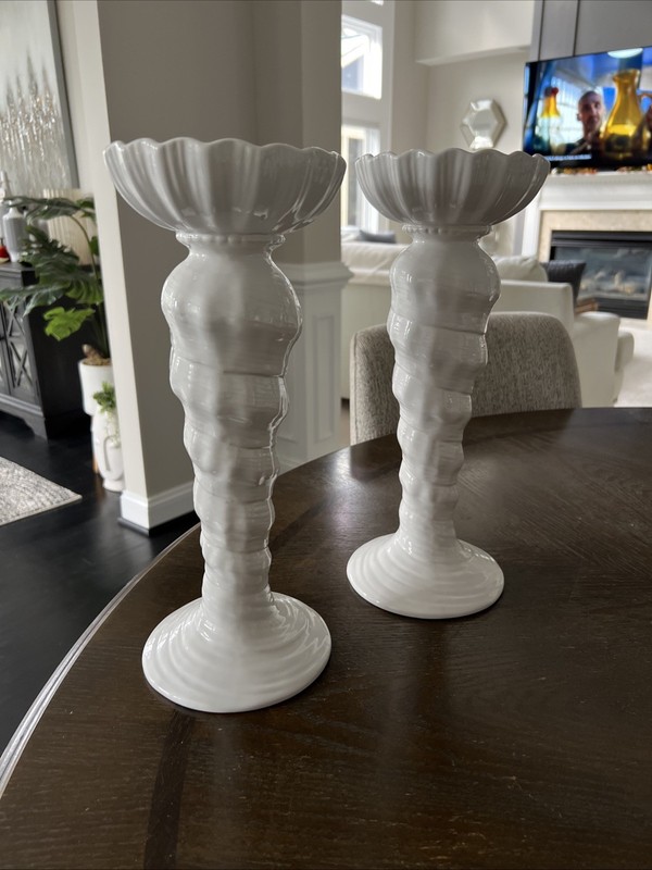 Set Of 2 Tall ceramic Pillars Candle Holder Decorative  Shell Beach theme
