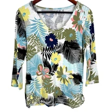 Talbots Sz Small Tropical Beach Blue Hawaii Summer Blouse Shirt Top Pool 