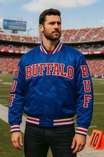 Customizable Buffalo Bomber Jacket Blue Satin Varsity Coat Vintage Street Style