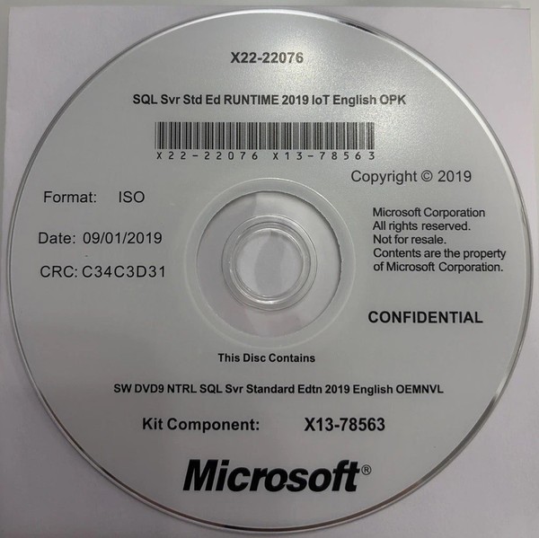 Microsoft SQL Server 2019 IoT estándar OEM con clave de certificado de autenticidad + disco de instalación (OPK)