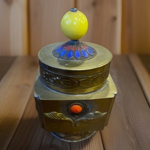 Antique Chinese Metal Brass Tea Spice Caddy Box Leaf Inlays Colorful Snuff Box