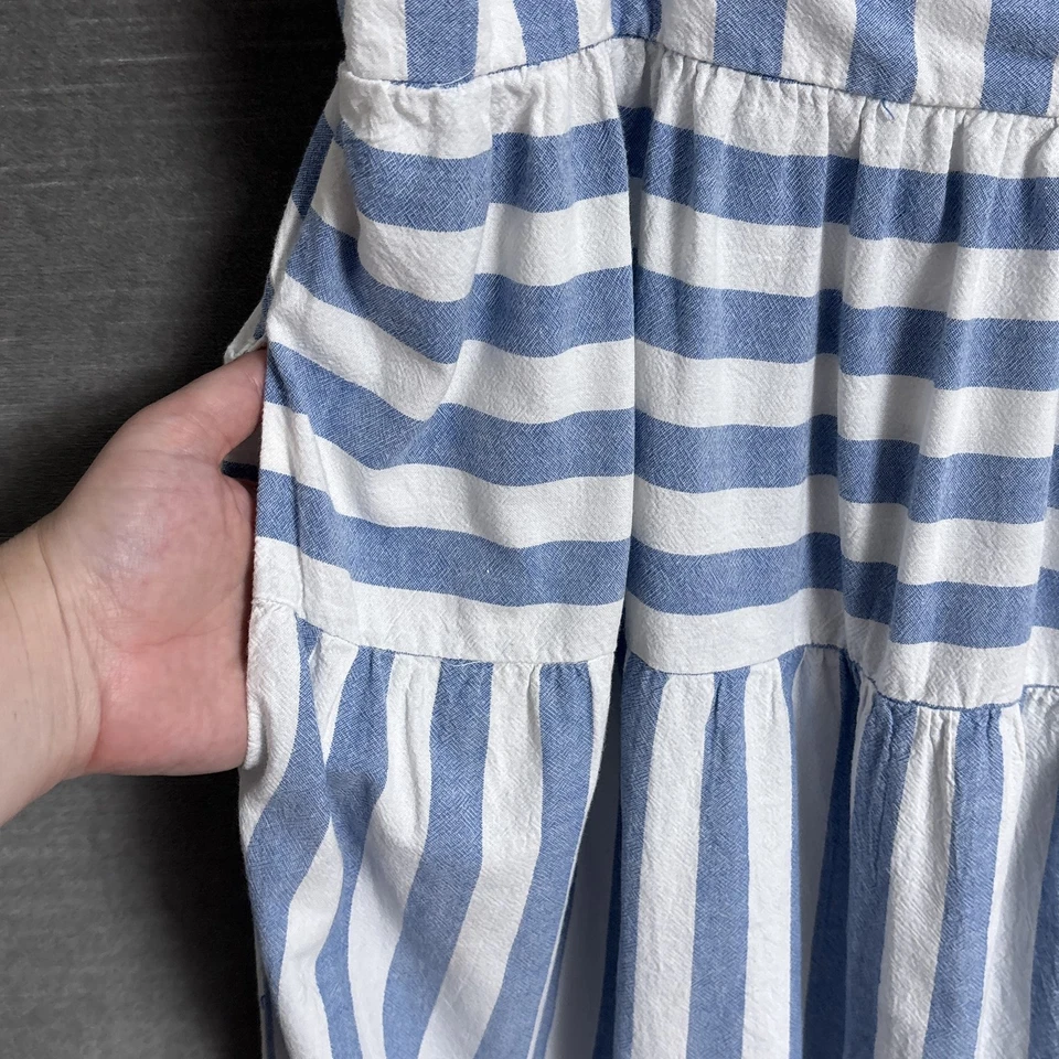 Vestido Universal Thread 2XL Azul Blanco Rayas Midi Algodón Verano Bolsillos Calados Foto 3 de 4