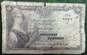 1918 Portugal 50 Centavos Average Circulated P-112.b | Free Shipping