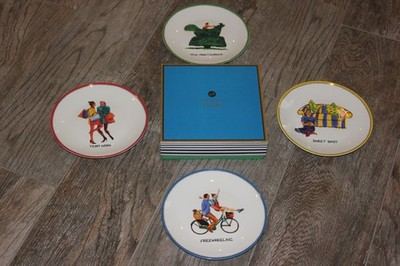 Set 4 Kit Kemp Spode Doodles Collection Dessert Tidbit Plates 6'' New. Gift Boxed