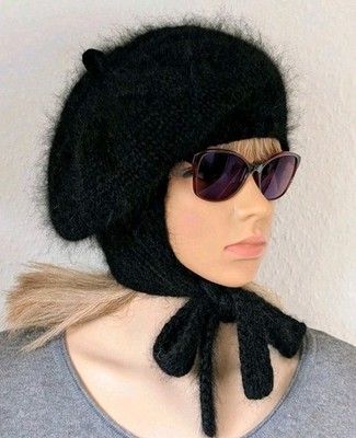 Knitted Angora Aviator bonnet, Gestrikste Angora Baskenmütze, Knitted Wool hat