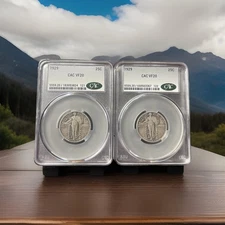 1929 CAC VF20 Standing Liberty 25c PAIR Graded in series 121-122 90% SILVER 🇺🇸