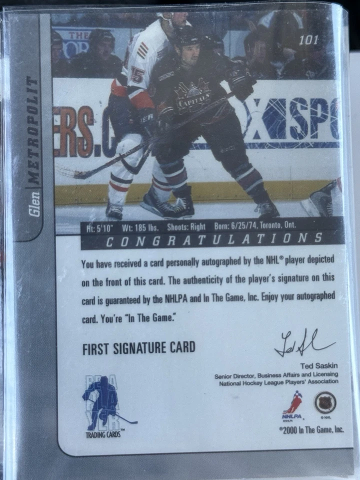 2000-01 ITG Be A Player Signature Series Auto Gold Glen Metropolit #101 Auto - Image 2 of 2