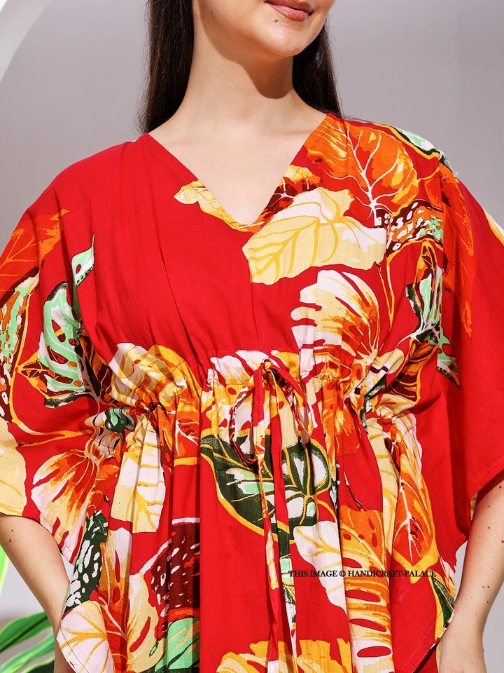 Court Coton Imprimé Robe Caftan Boho Plage Tunique Rouge Floral Resort Vêtement - Photo 3/4