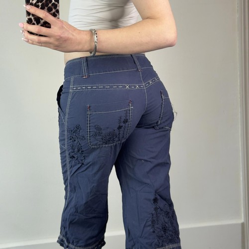 Y2K vintage low rise capri cargo trousers floral embroidered pattern baggy - Picture 5 of 8