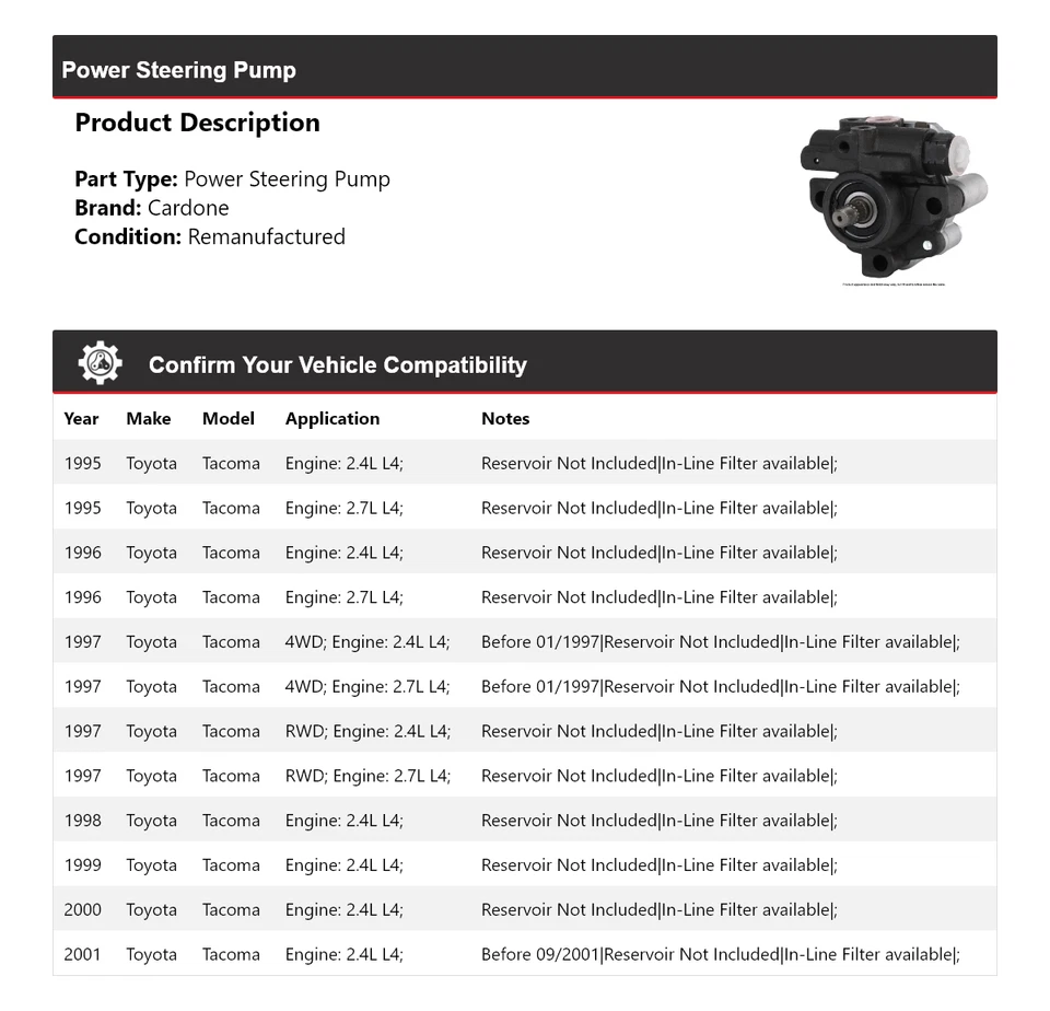 Bomba de dirección asistida Cardone para Toyota Tacoma 1995-2001 1996 1997 1998 1999 2000 Foto 2 de 4
