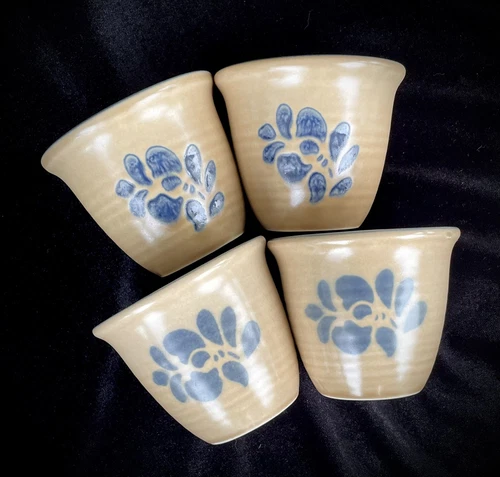 Set of 4 Pfaltzgraff Folk Art Custard Cups Vintage 2 3/4 in. tall Blue Tan USA