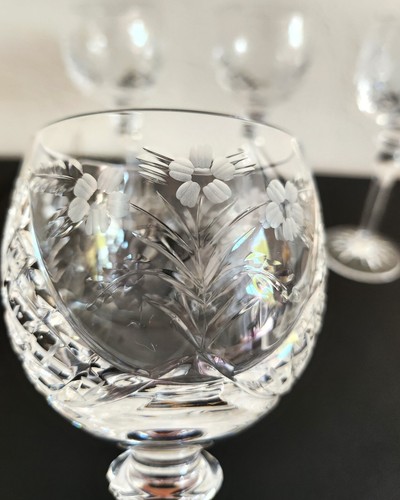 VTG Rogaska JASMINE Set of 4 Crystal Hock Wine Glasses Etched Floral & Diamond - Picture 2 of 16