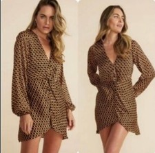 NWT MinkPink Valentina Minidress, mock wrap, knot front, bell sleeve Sz Med $139