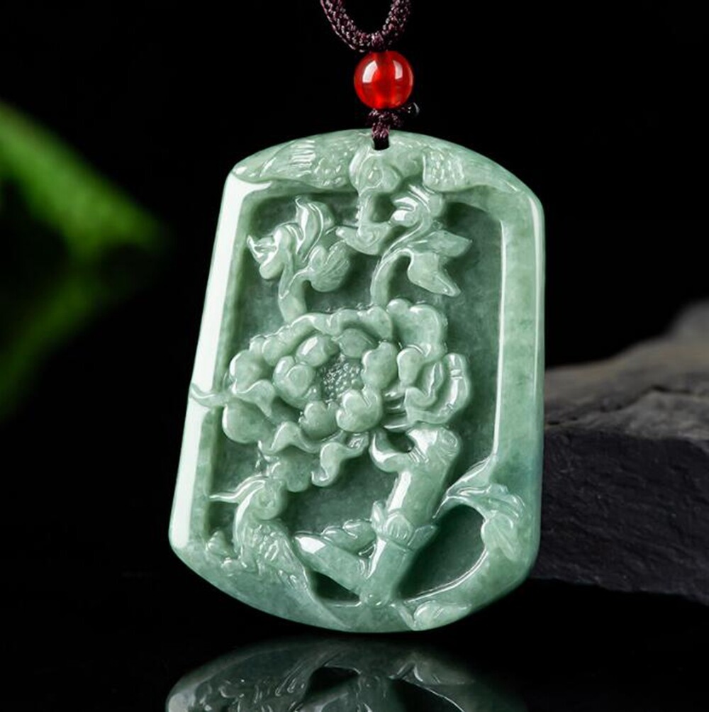 Certified Natural Green Burma Grade A Jadeite Magpie Peony Pendant Necklace