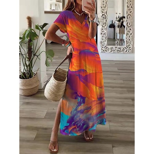 Summer Women Loose Casual Fashion Print Short Sleeve Long Split V-Neck Dress - Picture 6 of 12