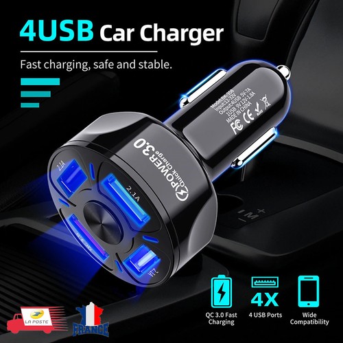 4 Ports USB Chargeurs Allume-Cigare Charge Rapide QC 3.0 12/24V 5V 7A LED 45W - 第 1/10 張圖片