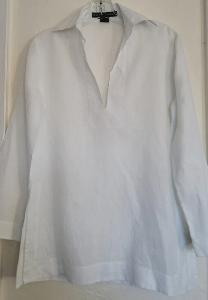 Blusa Ralph Lauren Etiqueta Negra Mujer Talla 4 Blanco Lino Túnica Cuello en V Aberturas  Foto 4 de 4