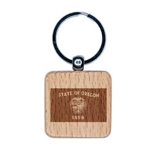 Oregon State Flag Engraved Wood Square Keychain Tag Charm