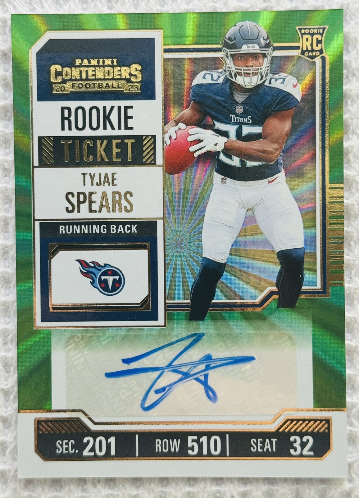 2023 Panini Contenders Tyjae Spears RC Rookie Ticket Auto Green Laser - Titans‼️