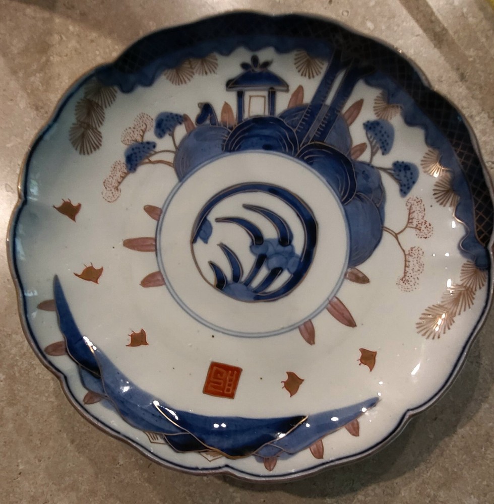 Antique Blue White Japanese Imari Porcelain Plate with Red Chop Mark 1800s