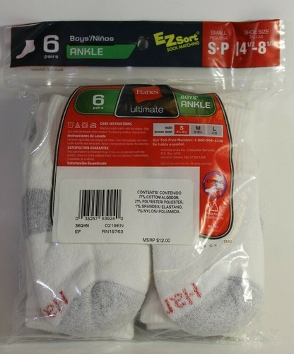 6 Pairs Hanes Ultimate Boys Ankle Socks size Small 4.5-8.5 shoe size - Picture 2 of 3