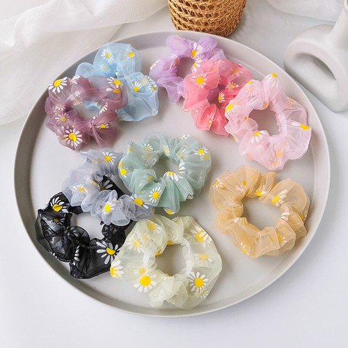 Women Small Daisy Print Soft Organza Hair Ring Elastic Hair Accessories Net Yarn