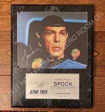Star Trek LEONARD NIMOY photograph plaque W/ REPRINT AUTOGRAPH 12x15”.