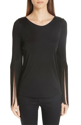 NWT $575 GALVAN Vesper black Fringe Sleeve Stretch Jersey Top 1212 fr36 us4