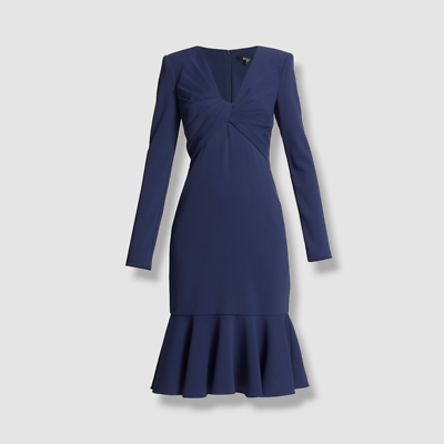 twist-front knee-length dress $495 Badgley Mischka Women's Blue Size 4 Long sleeve