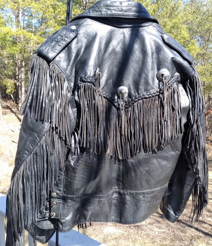 Barneys Leather Daytona Beach FLA Black W/ Long Fringe SZ 48 Heavy Leather - Picture 11 of 20