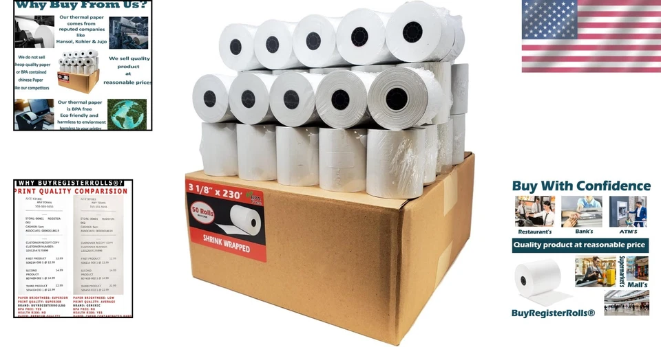 Rollos de papel térmico 55GSM blanco - 3 1/8" x 230 pies - 50 rollos Foto 2 de 4