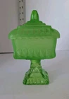 Vintage Jeanette Green Glass Wedding Cake Box On Pedestal 6” with Lid